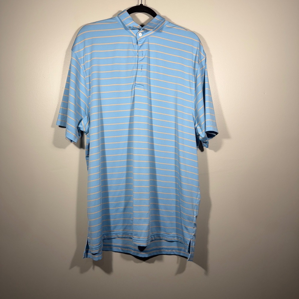 OVER UNDER Performance Polo Shirt Mens‎ L Blue Striped Dog Logo Golf Casual Blue